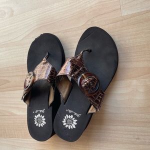 Alligator print brown flip flops